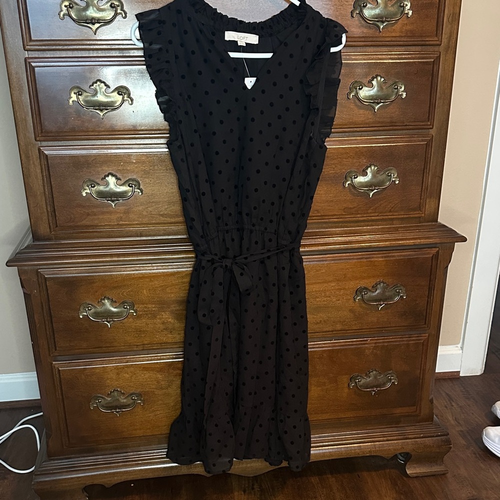 LOFT Black Polka Dot Midi Dress